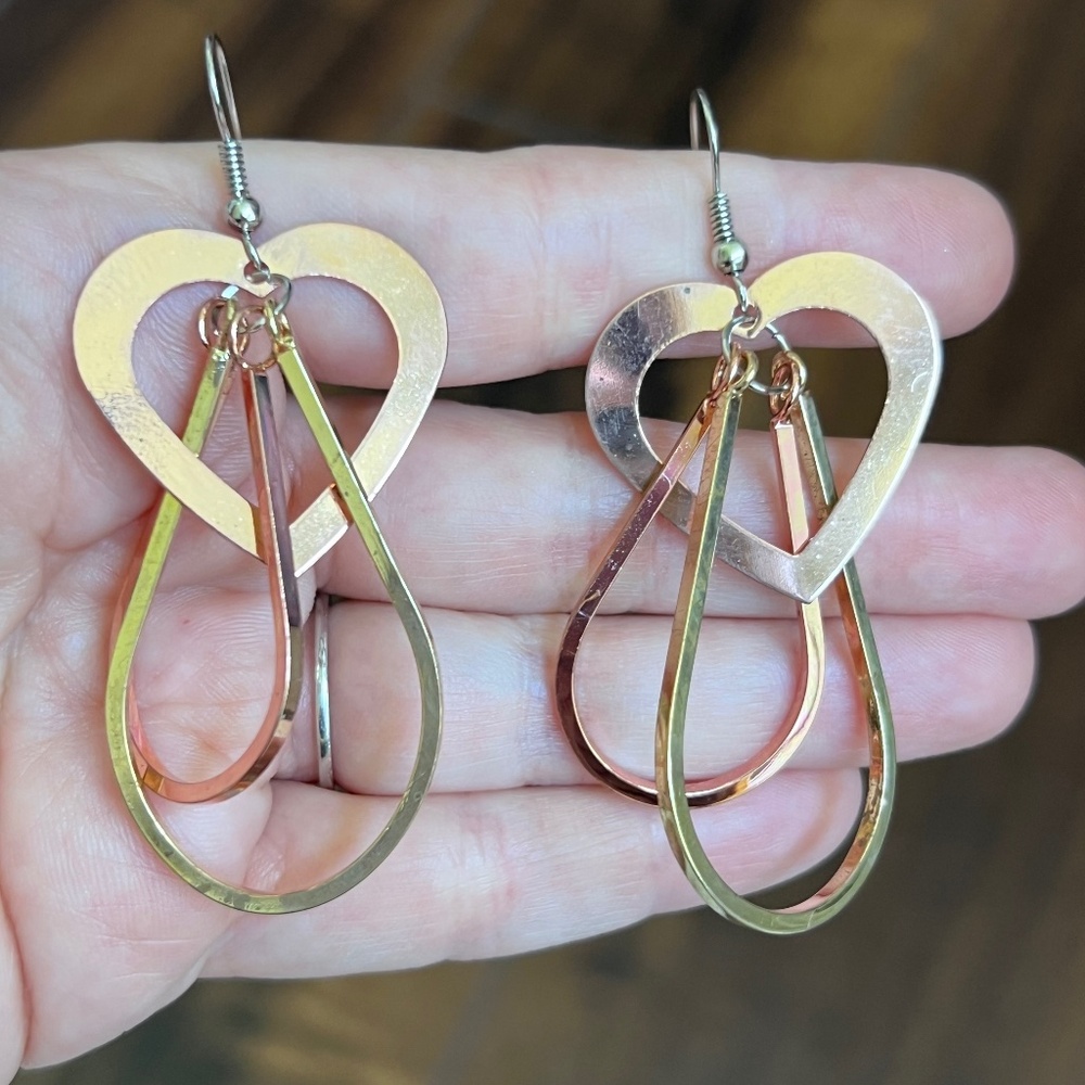 Funky Two-Tone Heart 3-D Dangle Earrings